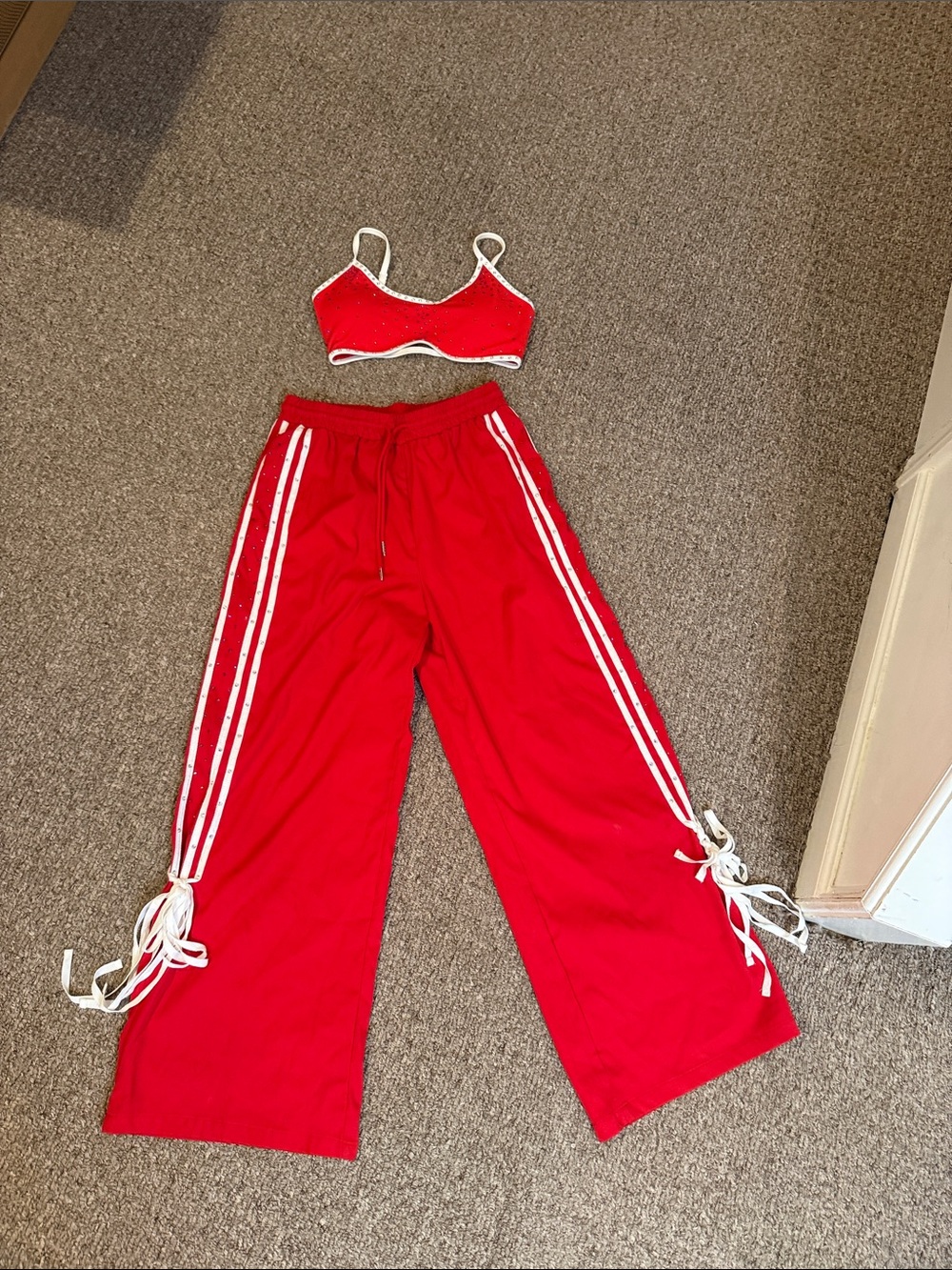 Women's Red Wide-Leg Track Pants with Side Stripe and Lace-Up Detail with top